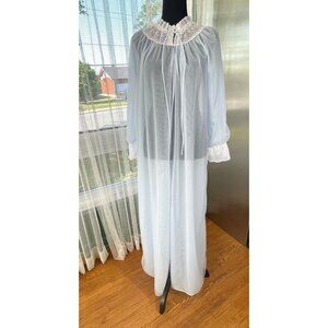 Vintage 60s peignoir, blue chiffon, long sleeves, open front robe, 12/14 (L/XL)